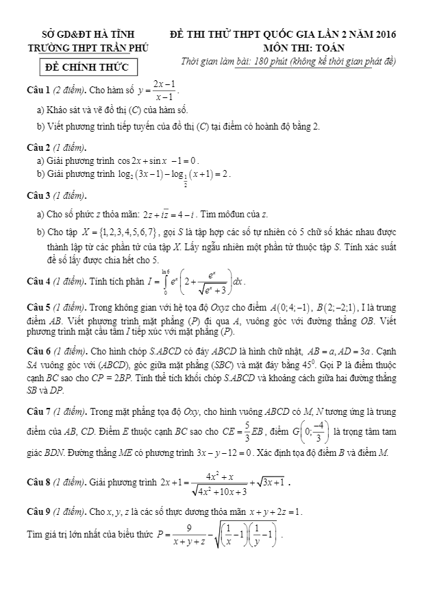 đề thi thử thpt quốc gia 2016 môn toán trường trần phú – hà tĩnh lần 2