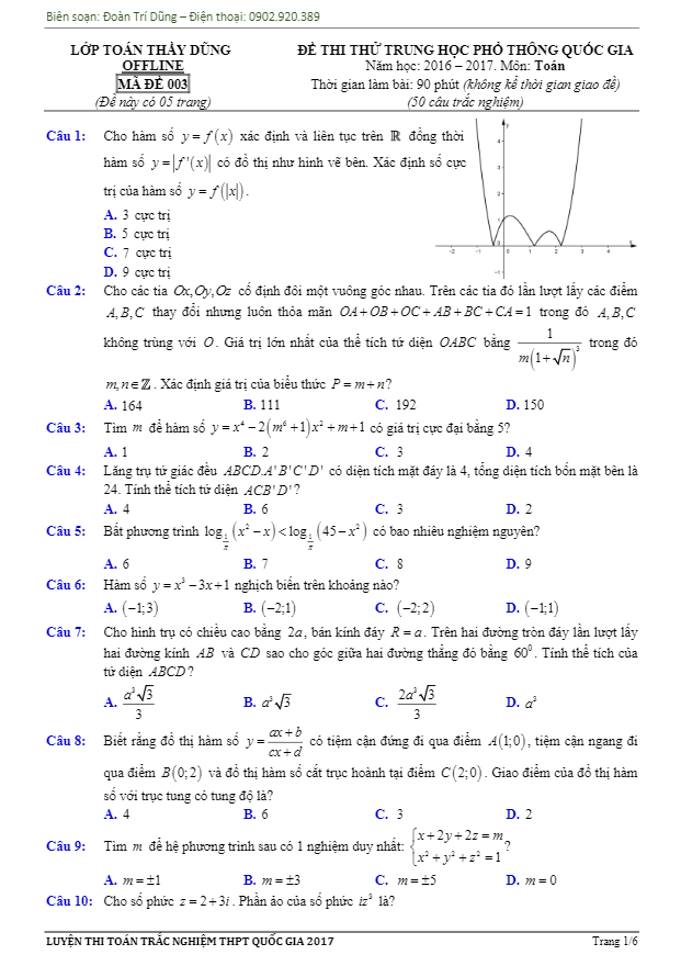 đề thi thử thpt quốc gia 2017 môn toán – đoàn trí dũng lần 6