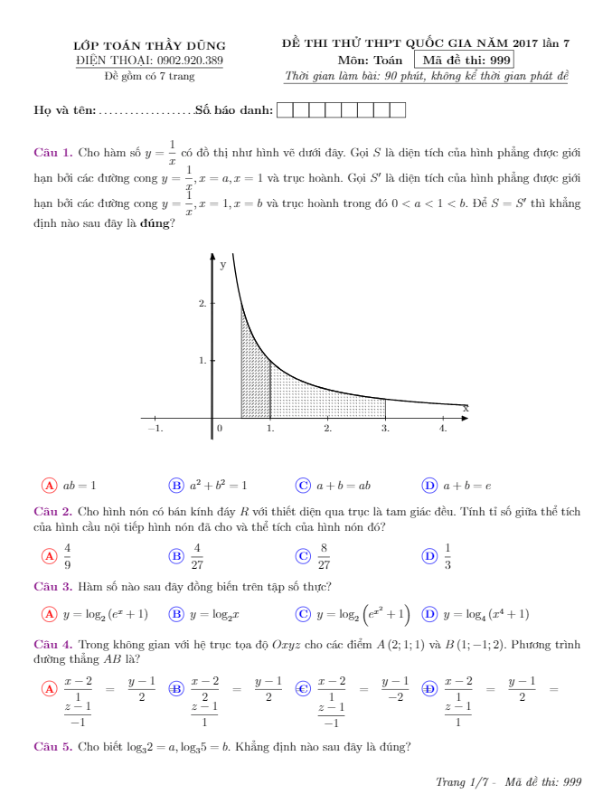 đề thi thử thpt quốc gia 2017 môn toán – đoàn trí dũng lần 7