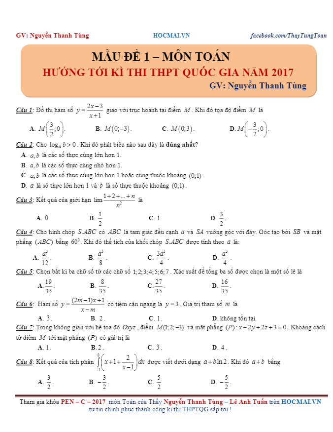 đề thi thử thpt quốc gia 2017 môn toán lần 1 – nguyễn thanh tùng