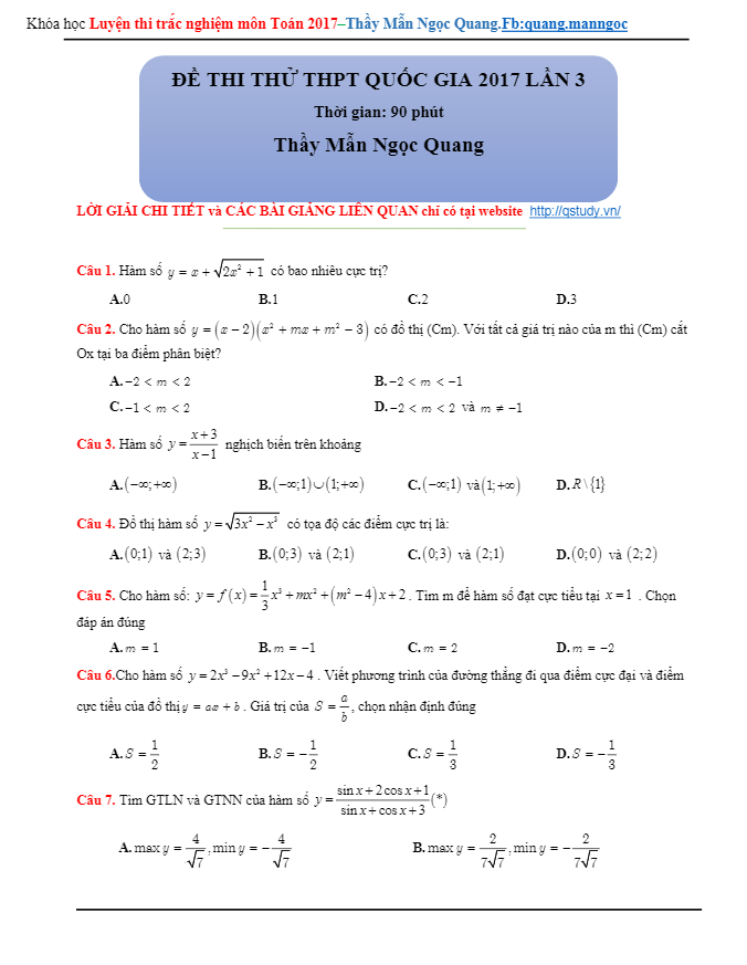 đề thi thử thpt quốc gia 2017 môn toán lần 3 – mẫn ngọc quang