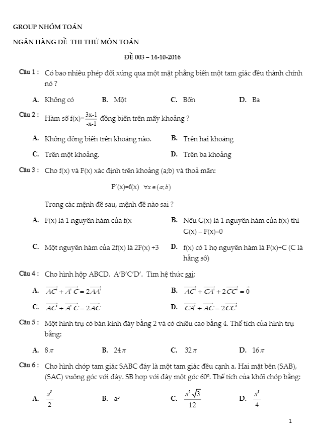 đề thi thử thpt quốc gia 2017 môn toán lần 3 – nhóm toán