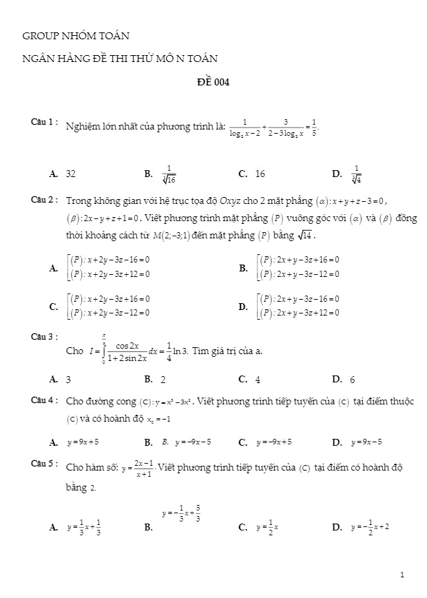đề thi thử thpt quốc gia 2017 môn toán lần 4 – nhóm toán