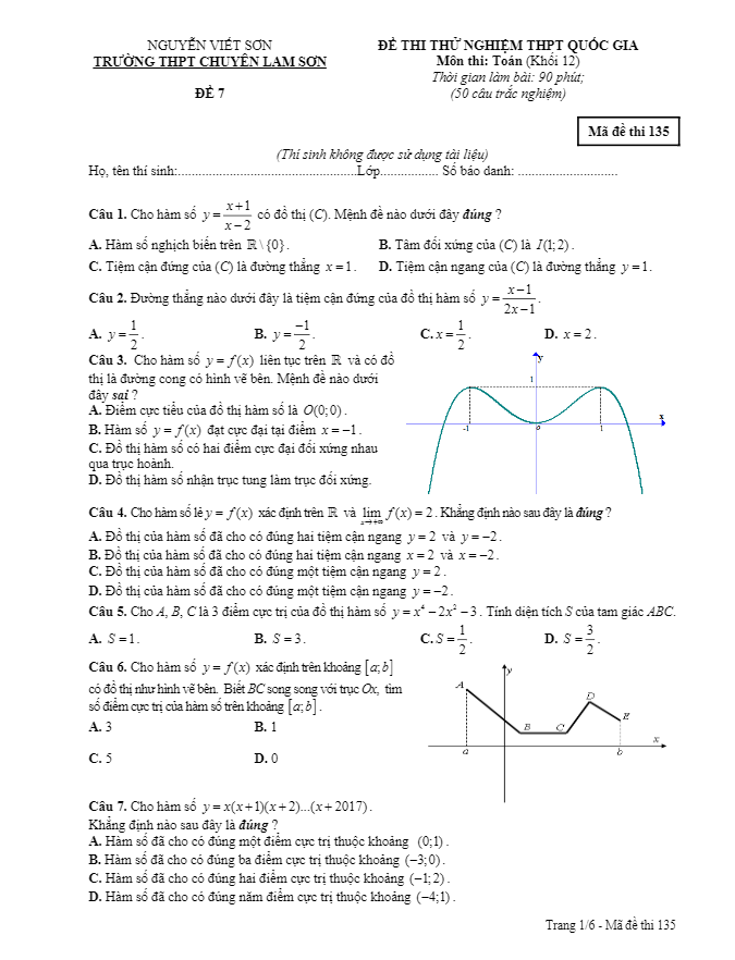 đề thi thử thpt quốc gia 2017 môn toán – nguyễn viết sơn (đề 7)