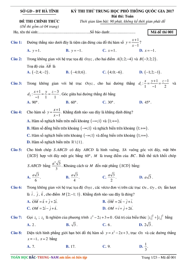 đề thi thử thpt quốc gia 2017 môn toán sở gd – đt hà tĩnh