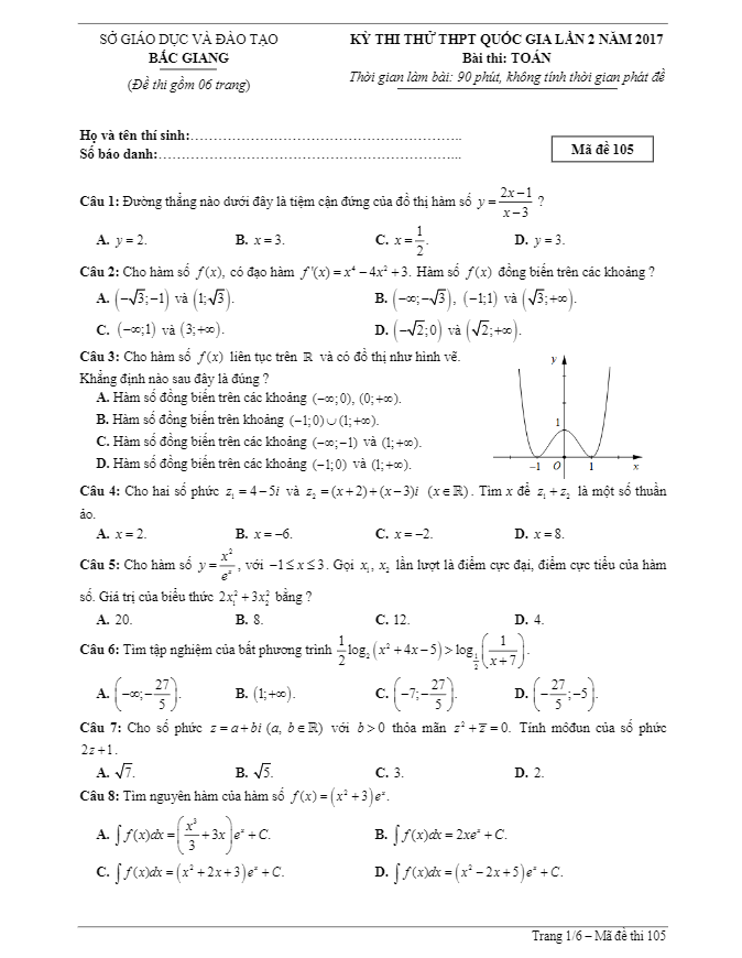 đề thi thử thpt quốc gia 2017 môn toán sở gd và đt bắc giang lần 2