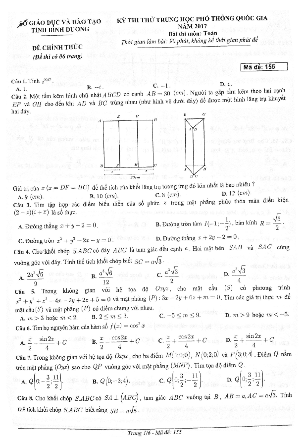 đề thi thử thpt quốc gia 2017 môn toán sở gd và đt bình dương