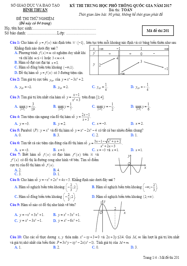 đề thi thử thpt quốc gia 2017 môn toán sở gd và đt bình thuận