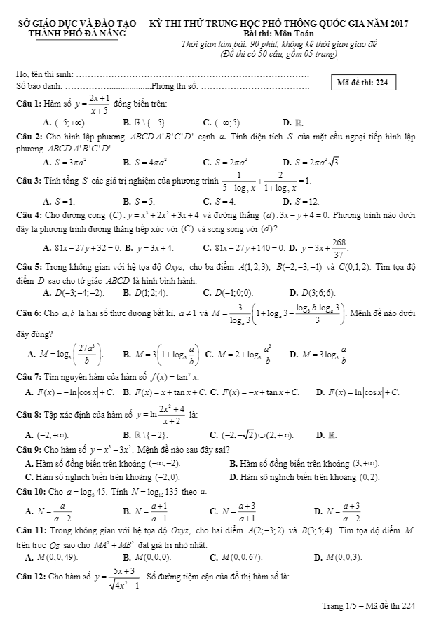 đề thi thử thpt quốc gia 2017 môn toán sở gd và đt đà nẵng