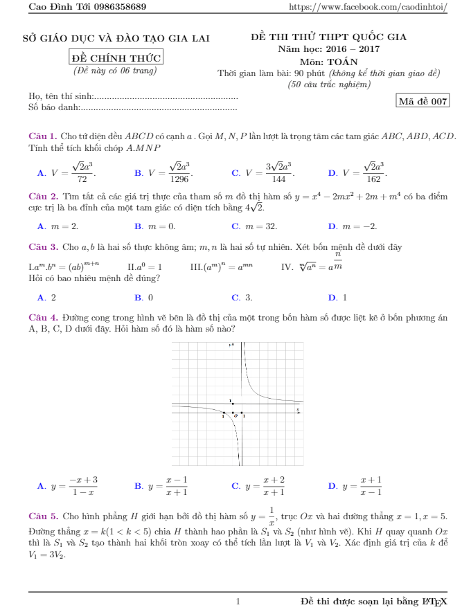 đề thi thử thpt quốc gia 2017 môn toán sở gd và đt gia lai