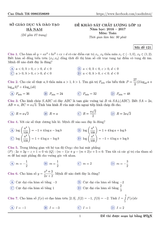 đề thi thử thpt quốc gia 2017 môn toán sở gd và đt hà nam