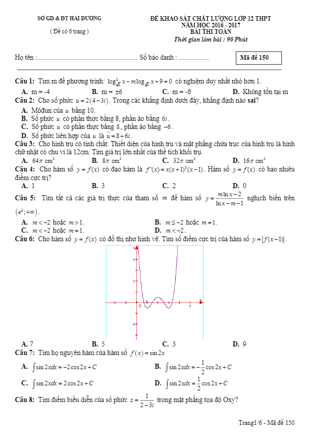 đề thi thử thpt quốc gia 2017 môn toán sở gd và đt hải dương