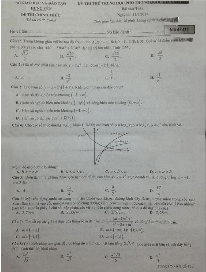 đề thi thử thpt quốc gia 2017 môn toán sở gd và đt hưng yên