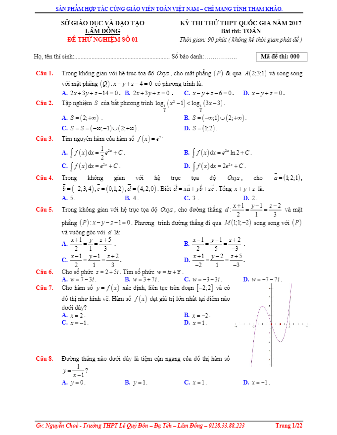 đề thi thử thpt quốc gia 2017 môn toán sở gd và đt lâm đồng