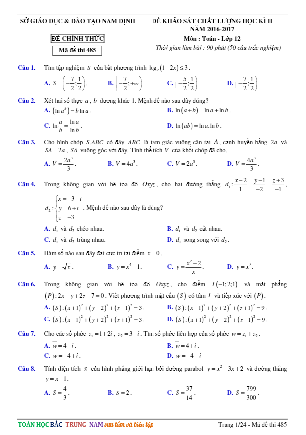 đề thi thử thpt quốc gia 2017 môn toán sở gd và đt nam định