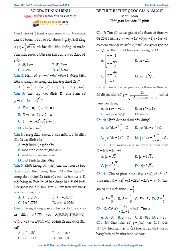 đề thi thử thpt quốc gia 2017 môn toán sở gd và đt ninh bình