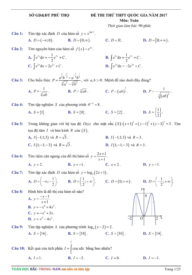 đề thi thử thpt quốc gia 2017 môn toán sở gd và đt phú thọ