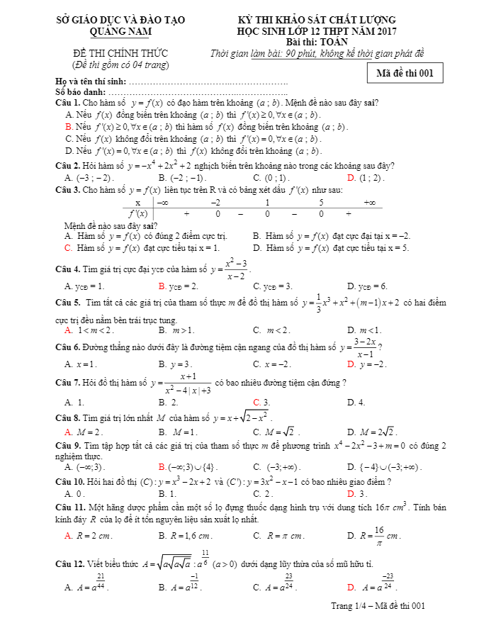 đề thi thử thpt quốc gia 2017 môn toán sở gd và đt quảng nam