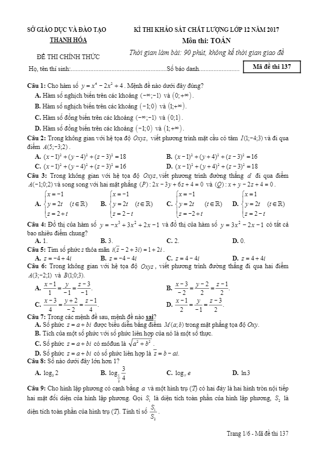 đề thi thử thpt quốc gia 2017 môn toán sở gd và đt thanh hóa