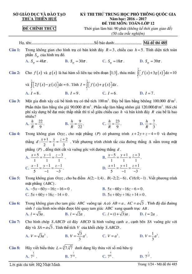 đề thi thử thpt quốc gia 2017 môn toán sở gd và đt thừa thiên huế