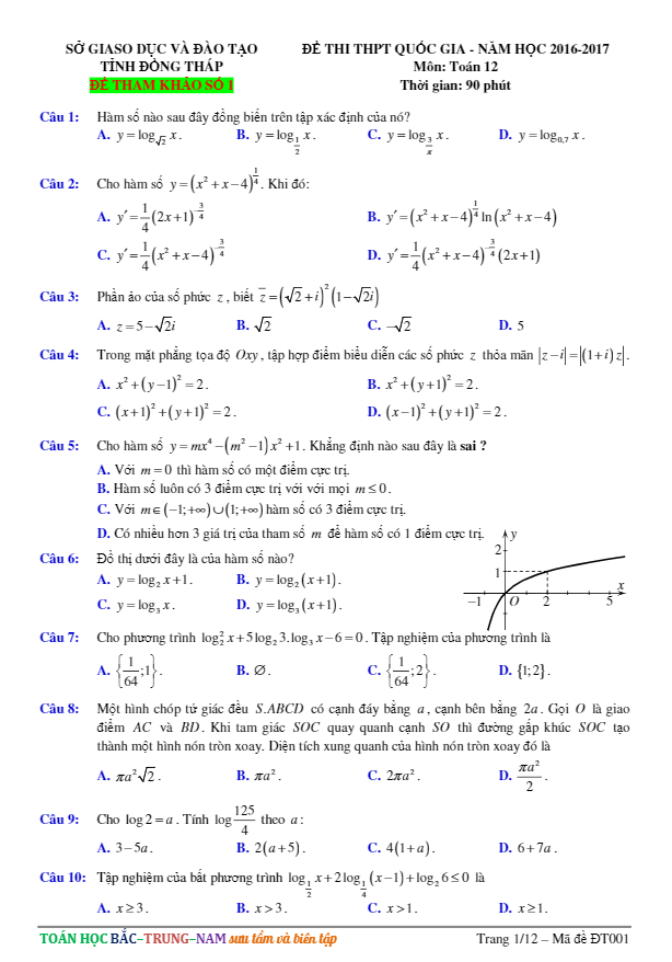 đề thi thử thpt quốc gia 2017 môn toán sở gd và đt tỉnh đồng tháp