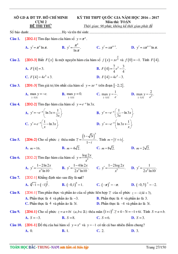 đề thi thử thpt quốc gia 2017 môn toán sở gd và đt tp. hcm (cụm chuyên môn ii)