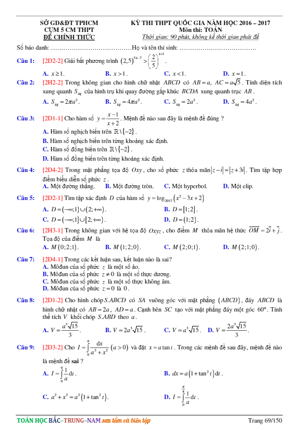 đề thi thử thpt quốc gia 2017 môn toán sở gd và đt tp. hcm (cụm chuyên môn v)
