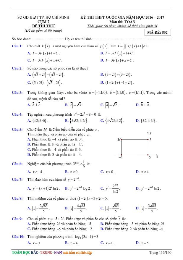 đề thi thử thpt quốc gia 2017 môn toán sở gd và đt tp. hcm (cụm chuyên môn vii)