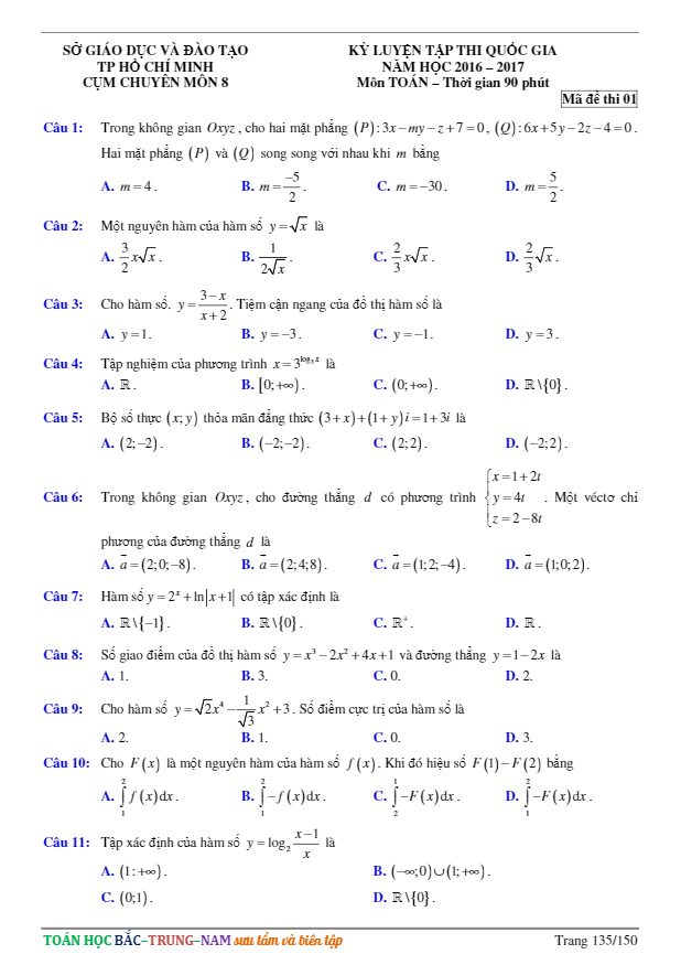 đề thi thử thpt quốc gia 2017 môn toán sở gd và đt tp. hcm (cụm chuyên môn viii)