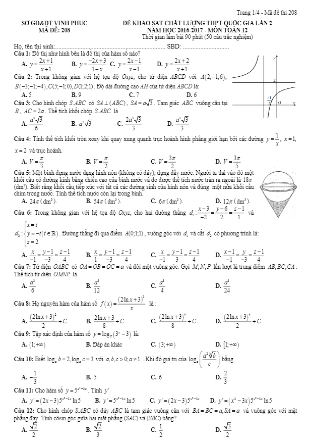 đề thi thử thpt quốc gia 2017 môn toán sở gd và đt vĩnh phúc lần 2