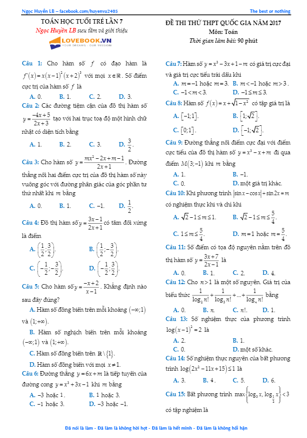đề thi thử thpt quốc gia 2017 môn toán – tạp chí toán học tuổi trẻ lần 7