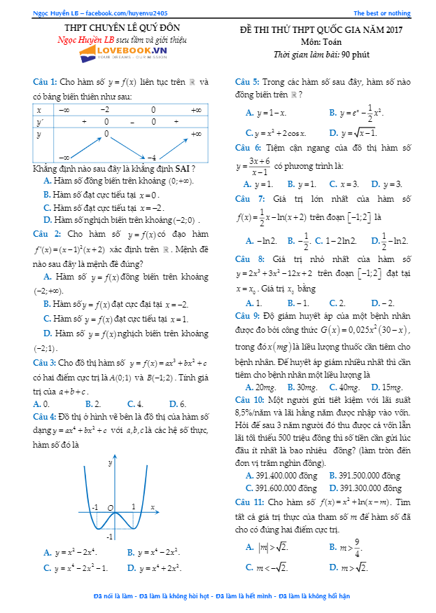 đề thi thử thpt quốc gia 2017 môn toán trường chuyên lê quý đôn – bà rịa – vũng tàu