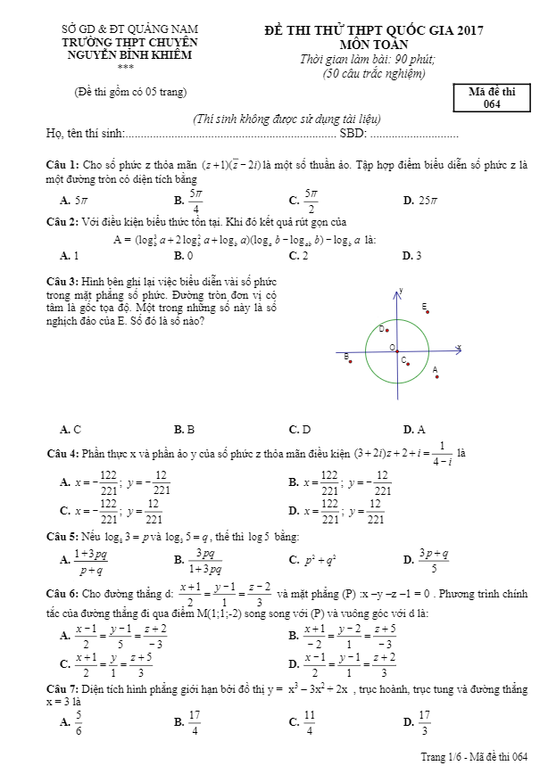 đề thi thử thpt quốc gia 2017 môn toán trường chuyên nguyễn bỉnh khiêm – quảng nam lần 1