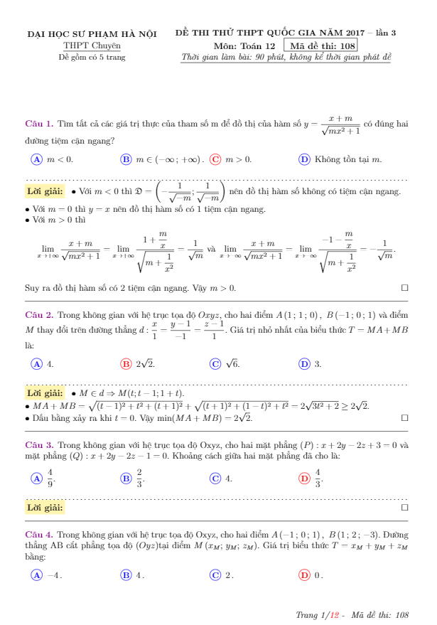 đề thi thử thpt quốc gia 2017 môn toán trường chuyên sư phạm hà nội lần 3
