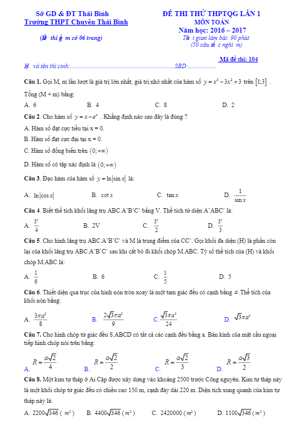đề thi thử thpt quốc gia 2017 môn toán trường chuyên thái bình lần 1