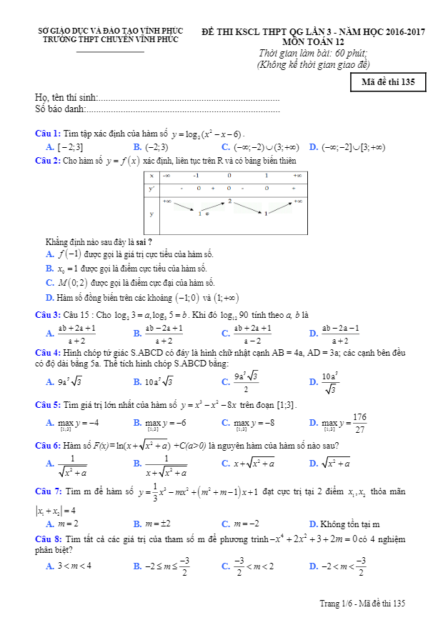 đề thi thử thpt quốc gia 2017 môn toán trường chuyên vĩnh phúc lần 3