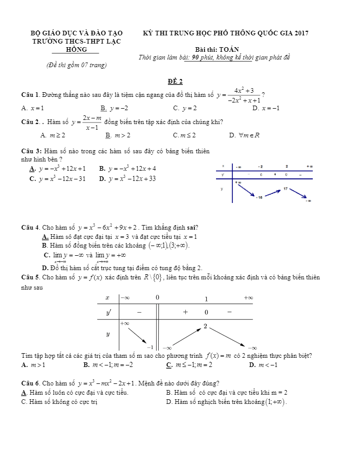 đề thi thử thpt quốc gia 2017 môn toán trường lạc hồng – tp. hcm