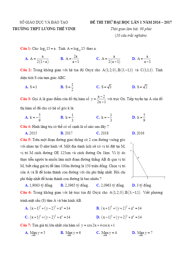 đề thi thử thpt quốc gia 2017 môn toán trường lương thế vinh – hà nội lần 1