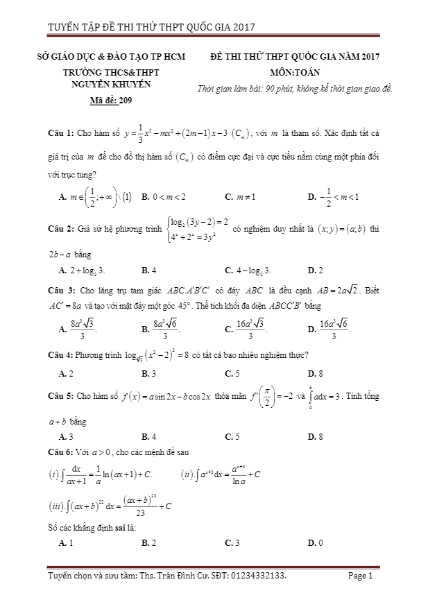 đề thi thử thpt quốc gia 2017 môn toán trường nguyễn khuyến – tp. hcm lần 1