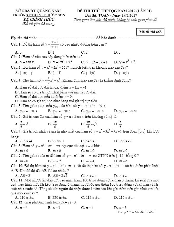 đề thi thử thpt quốc gia 2017 môn toán trường ptdtnt phước sơn – quảng nam