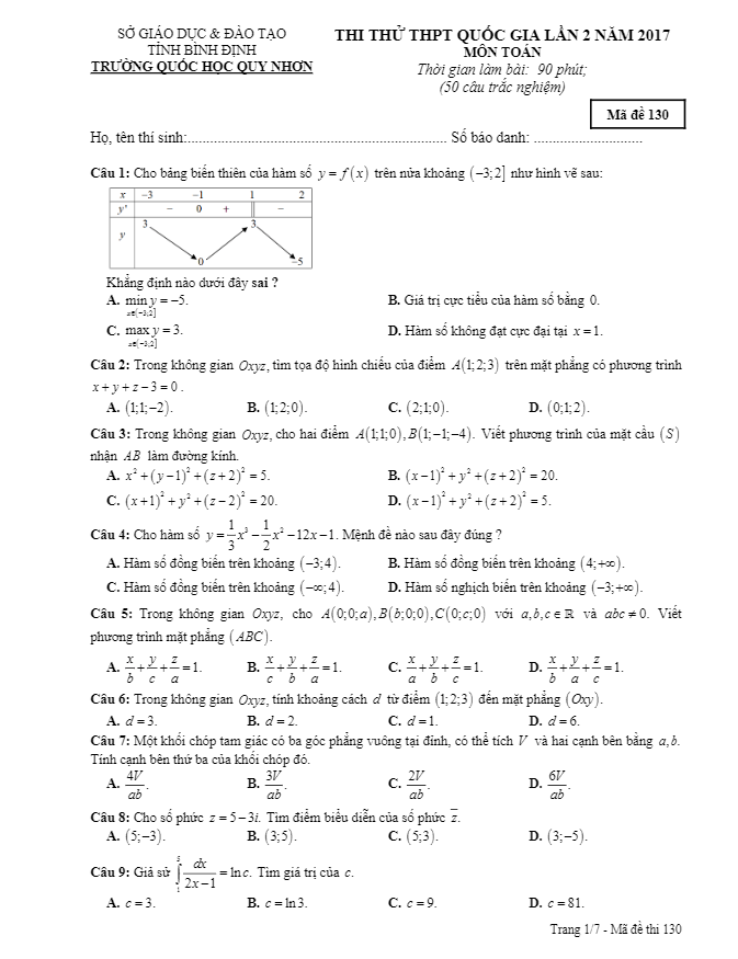 đề thi thử thpt quốc gia 2017 môn toán trường quốc học quy nhơn – bình định lần 2