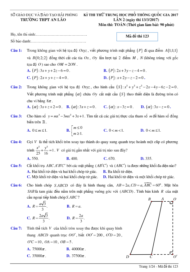 đề thi thử thpt quốc gia 2017 môn toán trường thpt an lão – hải phòng lần 2