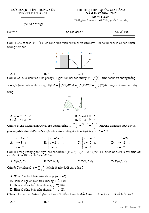 đề thi thử thpt quốc gia 2017 môn toán trường thpt ân thi – hưng yên lần 3