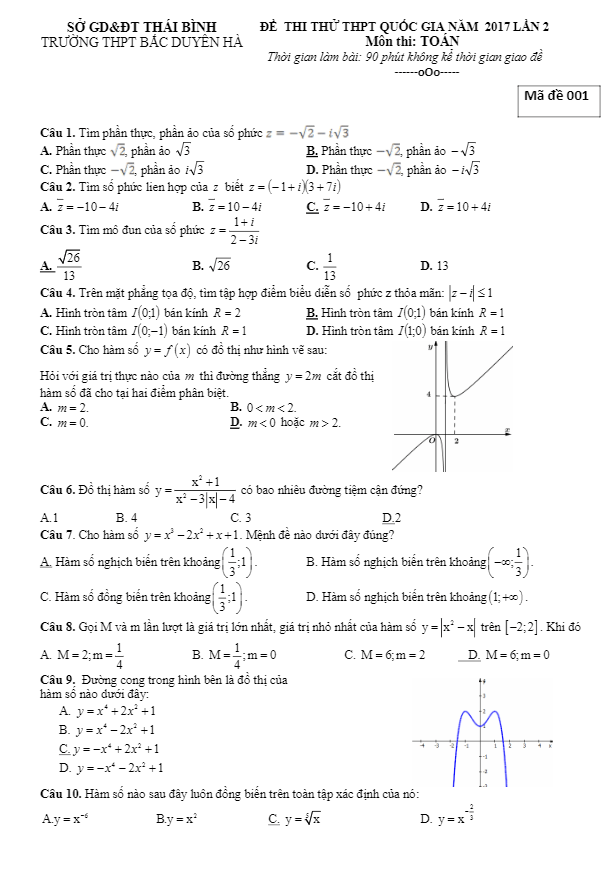 đề thi thử thpt quốc gia 2017 môn toán trường thpt bắc duyên hà – thái bình lần 2