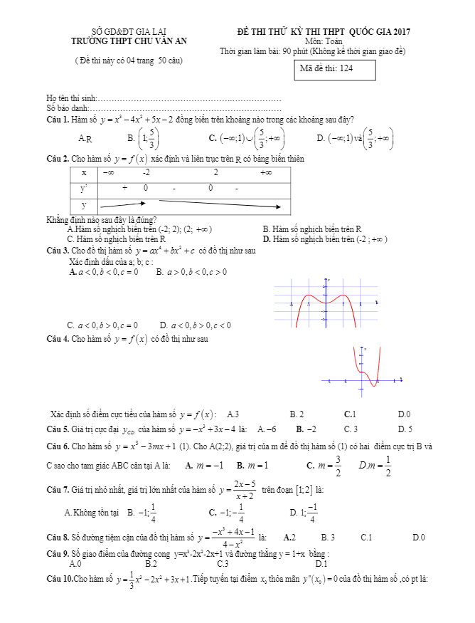 đề thi thử thpt quốc gia 2017 môn toán trường thpt chu văn an – gia lai