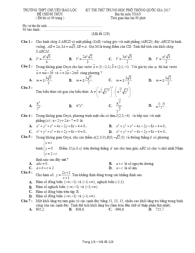 đề thi thử thpt quốc gia 2017 môn toán trường thpt chuyên bảo lộc – lâm đồng