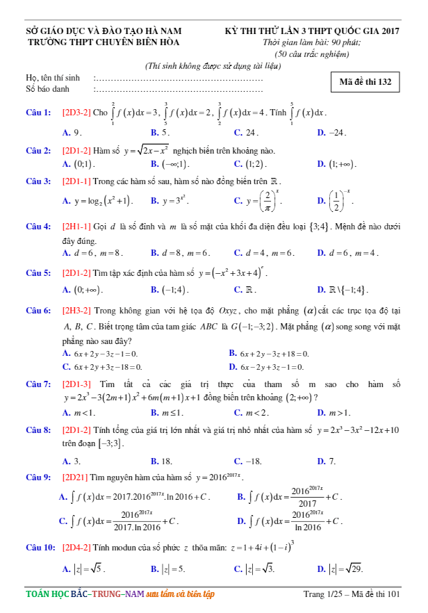 đề thi thử thpt quốc gia 2017 môn toán trường thpt chuyên biên hòa – hà nam lần 3