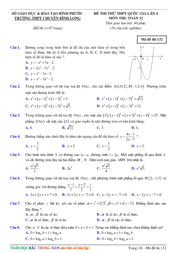 đề thi thử thpt quốc gia 2017 môn toán trường thpt chuyên bình long – bình phước lần 4