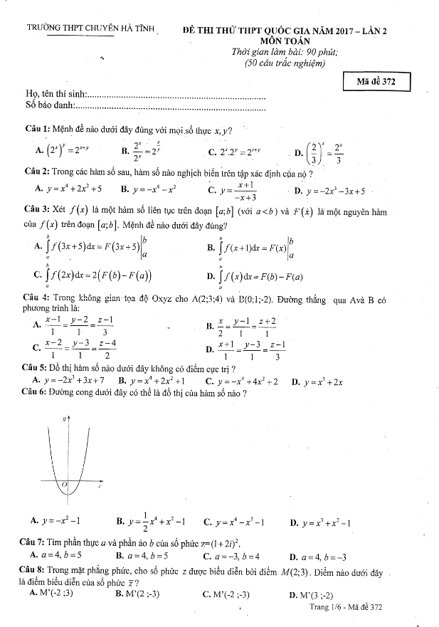 đề thi thử thpt quốc gia 2017 môn toán trường thpt chuyên hà tĩnh lần 2