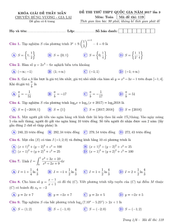 đề thi thử thpt quốc gia 2017 môn toán trường thpt chuyên hùng vương – gia lai lần 3